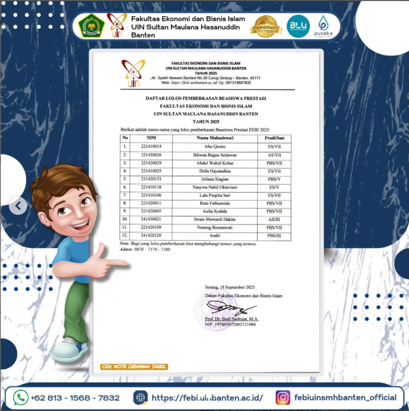 PENGUMUMAN HASIL SELEKSI PEMBERKASAN BEASISWA PRESTASI FEBI UIN BANTEN! 📢✨